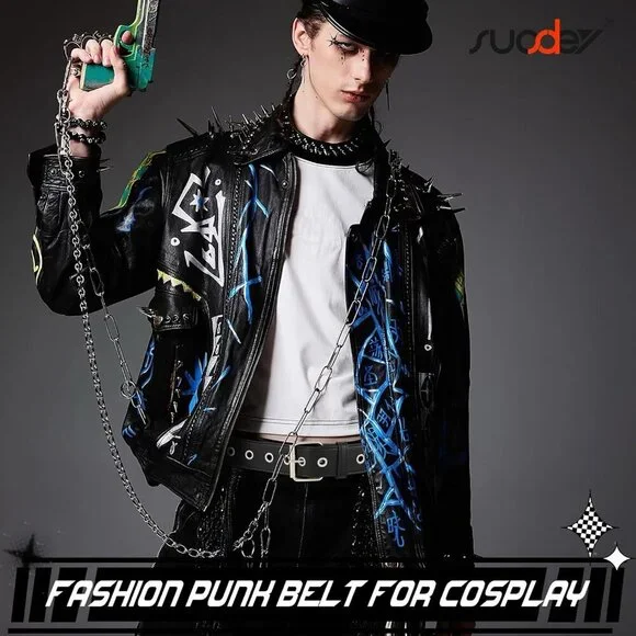 Black Studded Belt Silver Metal Grommet Punk Rock Style for Men Women - Picture 6 of 8